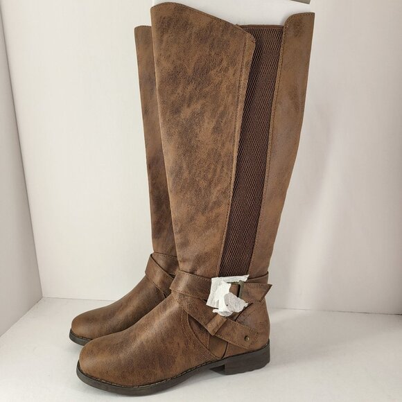 Bullboxer Shoes - Women's Brown Knee-High Riding Boots With Buckle & Zipper Elastic sides Size 6 N